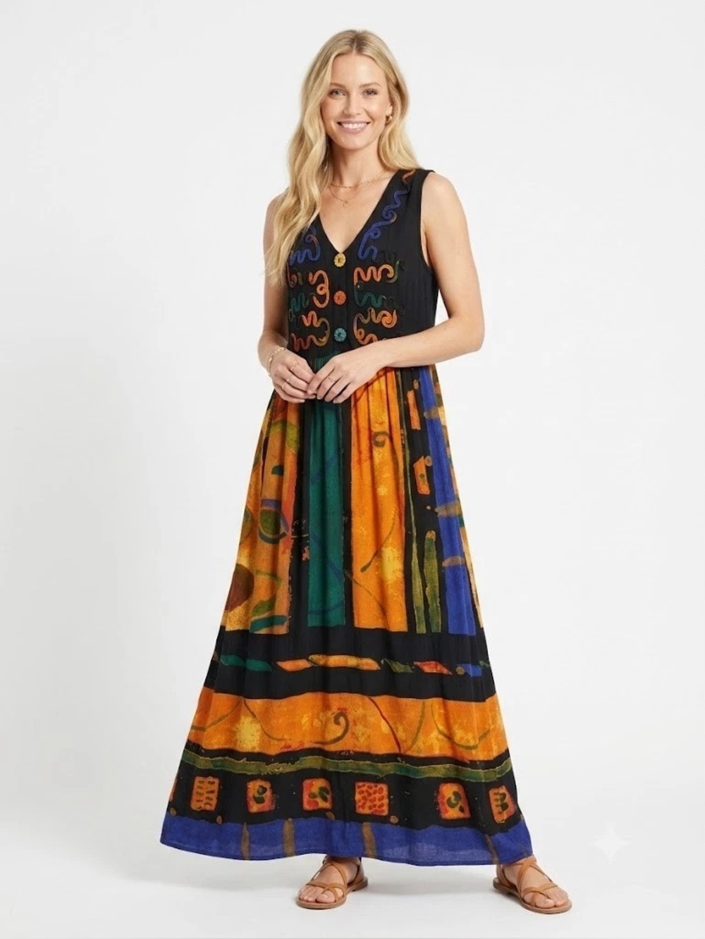 Vintage Carole Little Abstract Rayon
Embroidered Boho Maxi Dress, 14